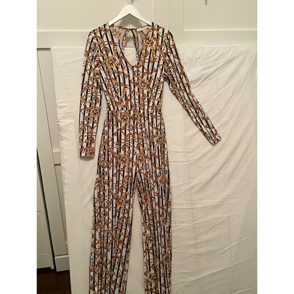 Bonded Women's M White Black Gold Striped Long Sleeve Button Jumpsuit Cut-Out